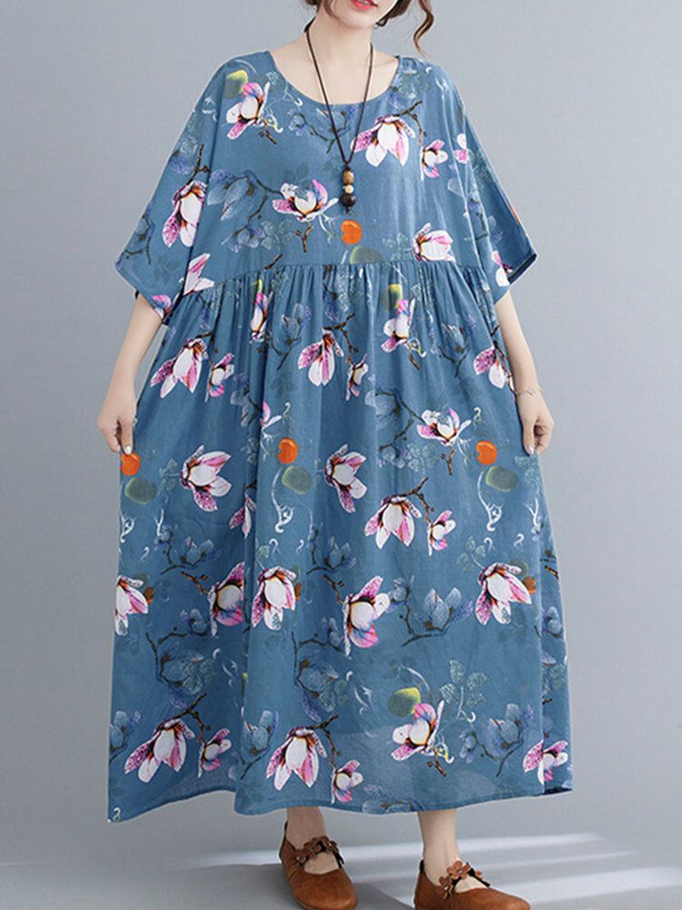 Robe D'été Décontractée De Style Rétro À Fleurs À Col Rond Pour Femmes