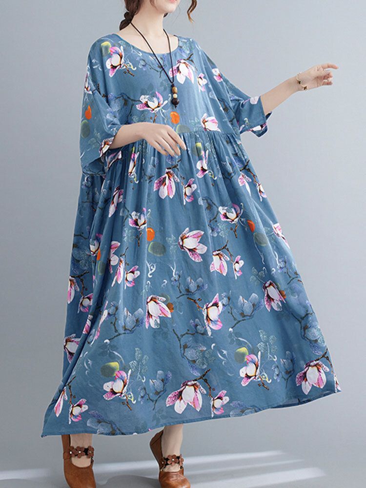 Robe D'été Décontractée De Style Rétro À Fleurs À Col Rond Pour Femmes