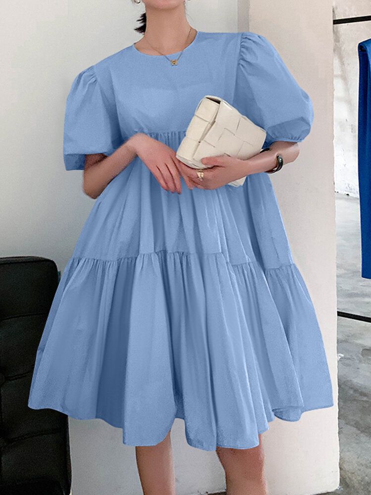 Robe D'été Solide Plissée À Manches Bouffantes Pour Femmes