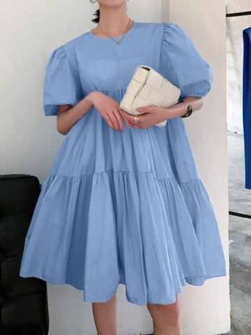 Robe D'été Solide Plissée À Manches Bouffantes Pour Femmes