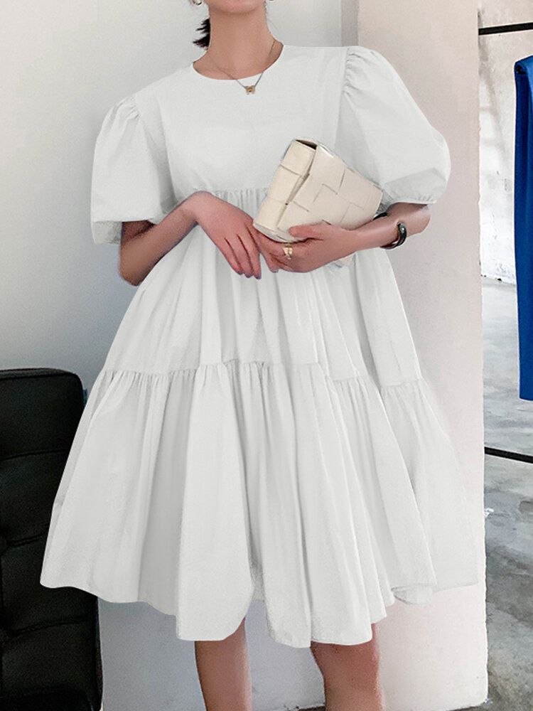 Robe D'été Solide Plissée À Manches Bouffantes Pour Femmes