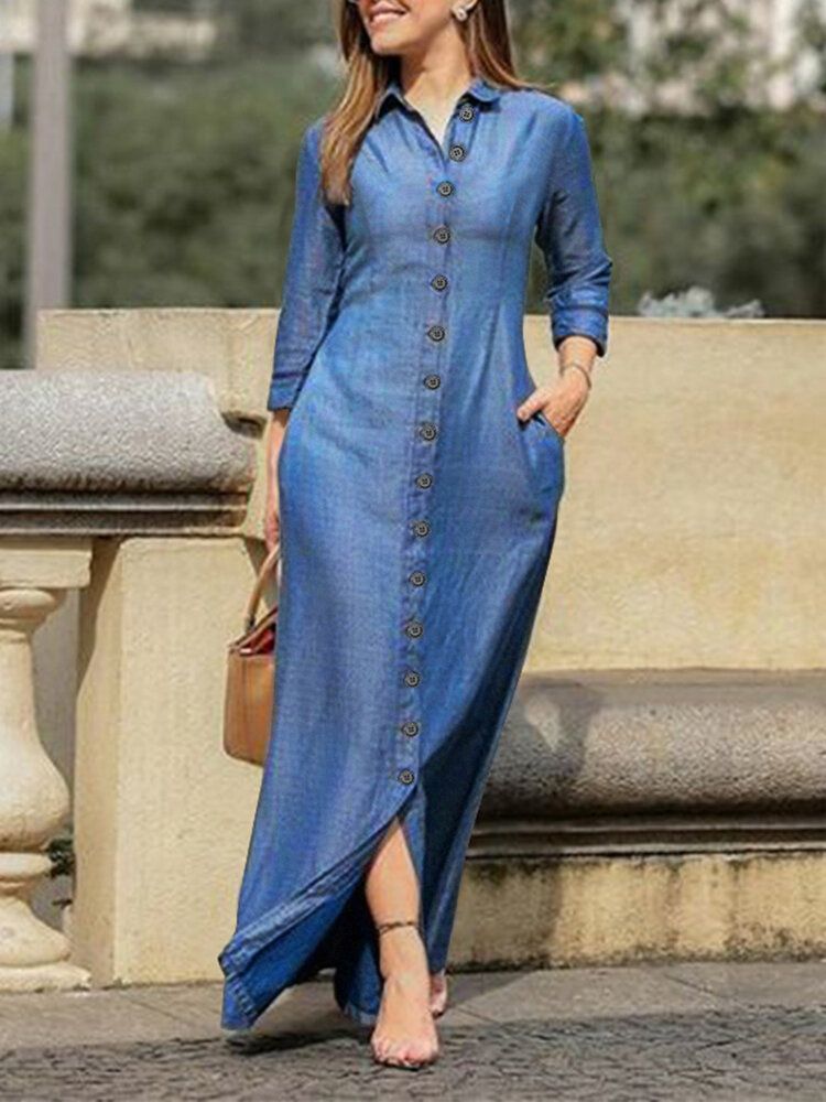 Robe En Jean Solide À Manches Longues Pour Femmes