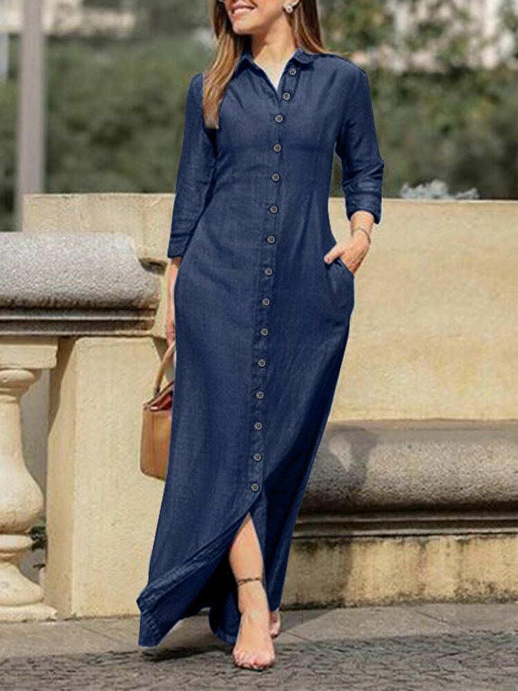 Robe En Jean Solide À Manches Longues Pour Femmes