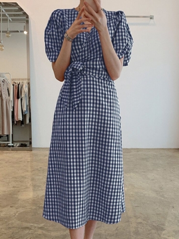 Robe Longue 100% Coton À Manches Bouffantes Et Col En V À Carreaux