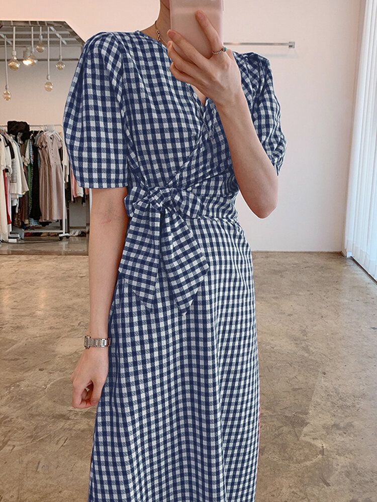 Robe Longue 100% Coton À Manches Bouffantes Et Col En V À Carreaux