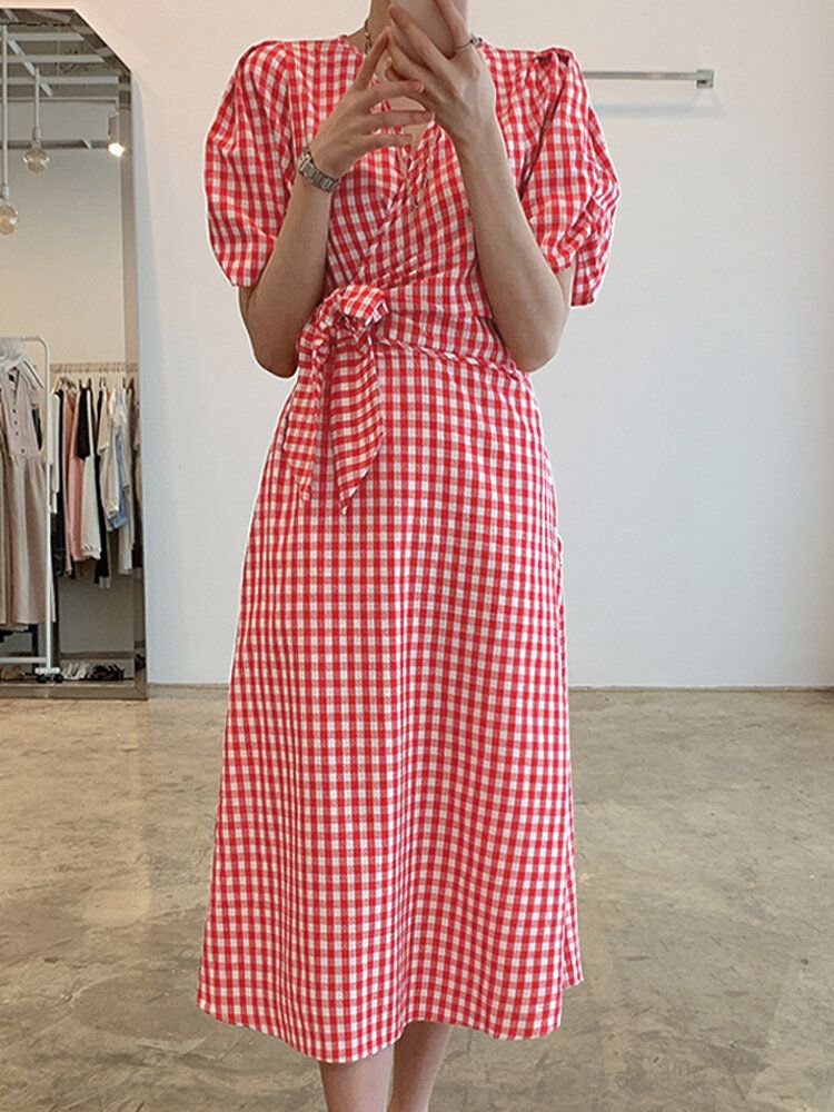 Robe Longue 100% Coton À Manches Bouffantes Et Col En V À Carreaux