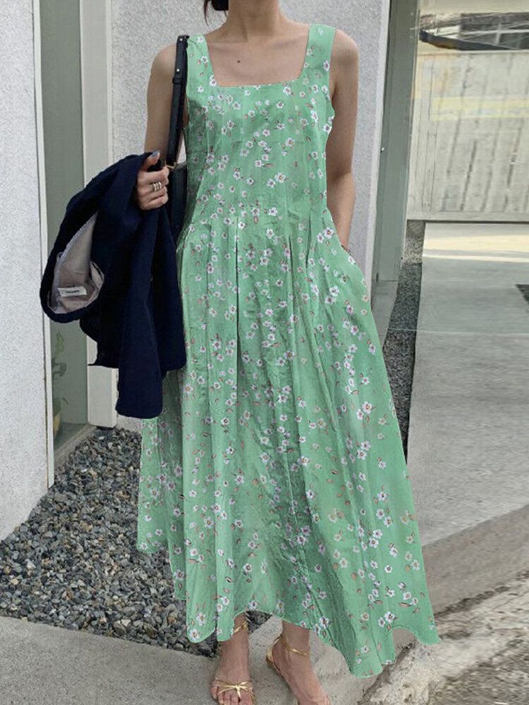 Robe Longue À Col Carré Et Sans Manches À Imprimé Floral