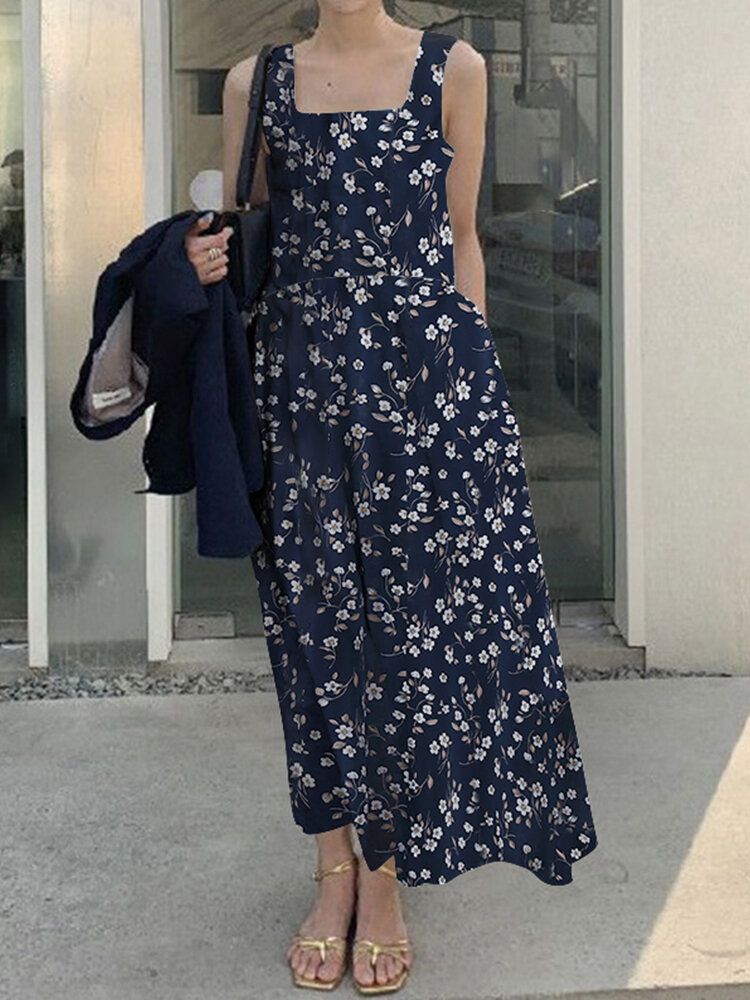 Robe Longue À Col Carré Et Sans Manches À Imprimé Floral