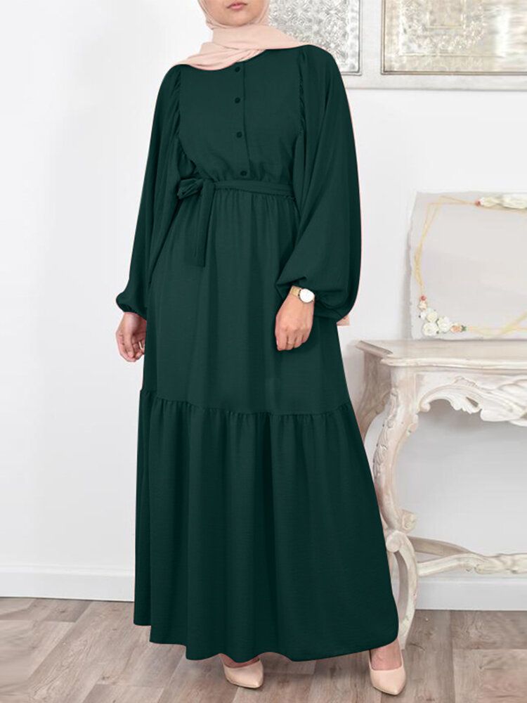 Robe Longue À Col Rond Et Manches Bouffantes De Couleur Unie Avec Ceinture