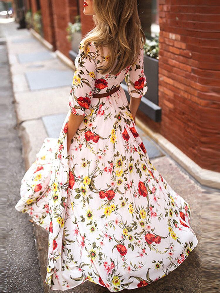 Robe Longue À Col Rond Et Manches Lanterne À Imprimé Fleuri