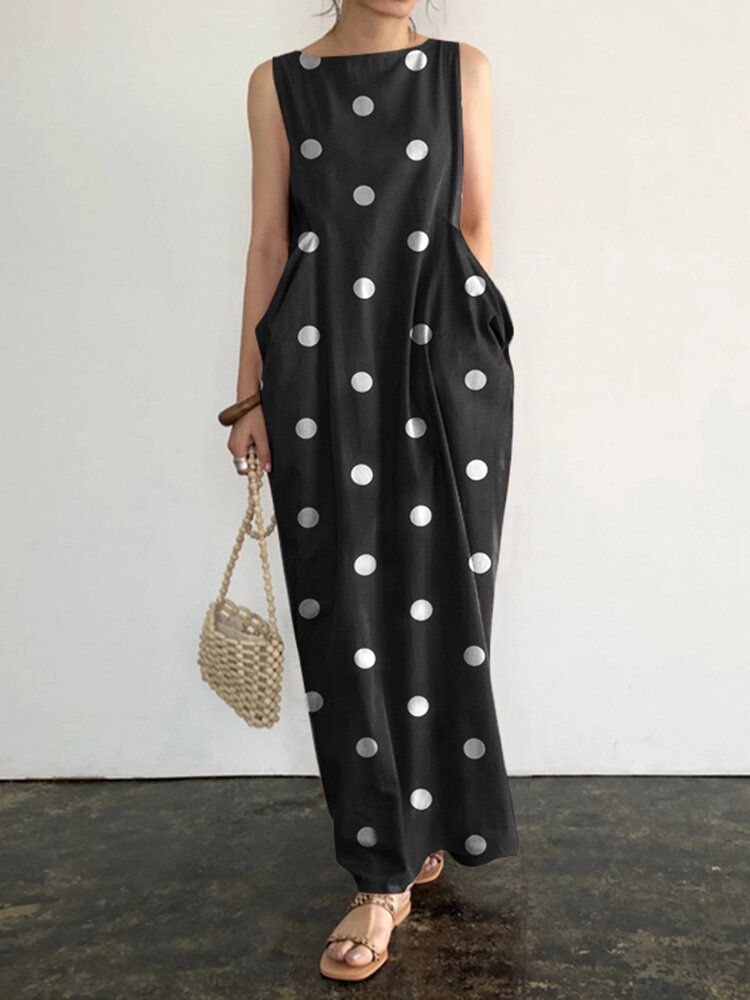 Robe Longue À Col Rond Et À Pois Avec Poche Sans Manches