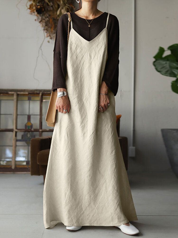 Robe Longue En Coton Sans Manches À Col En V Et Bretelles Ajustables Pour Femme