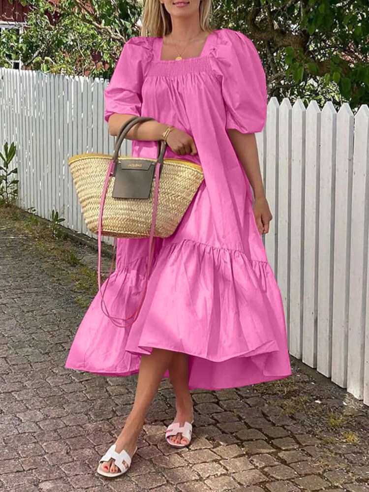 Robe Longue Décontractée À Col Carré Et Manches Bouffantes À Volants Pour Femmes