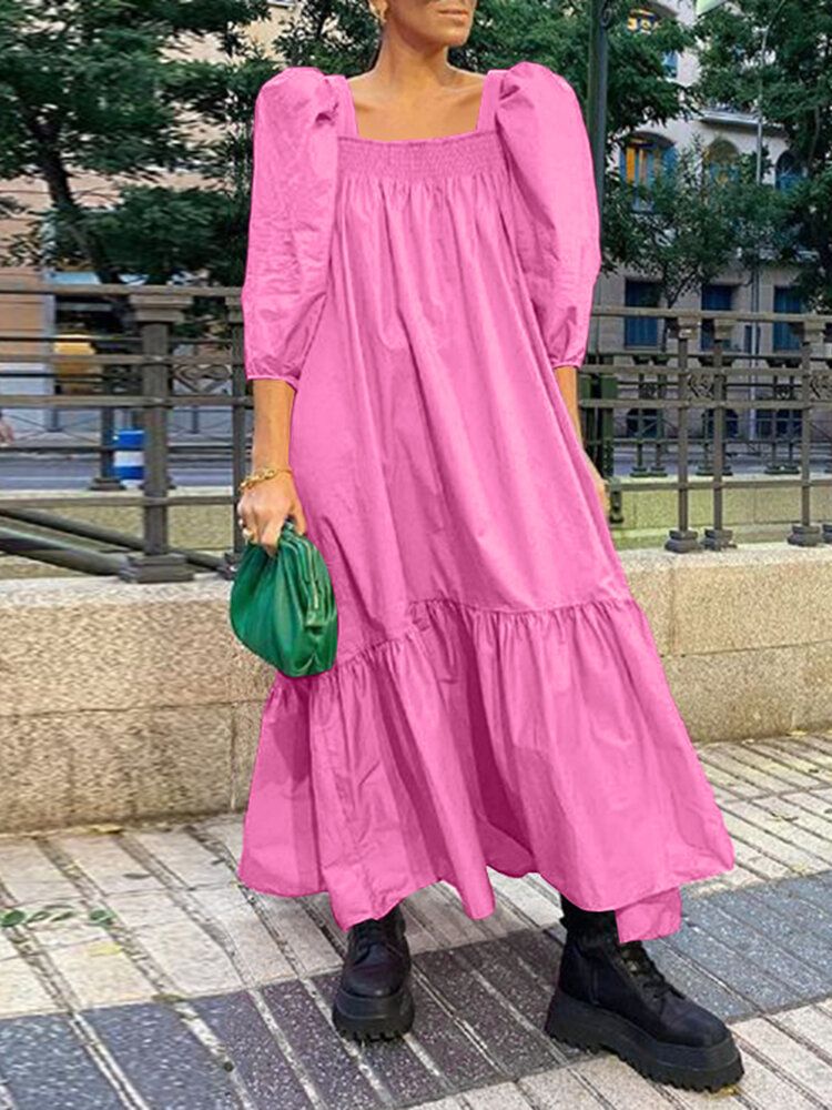 Robe Longue Décontractée À Col Carré Et Manches Bouffantes À Volants Pour Femmes