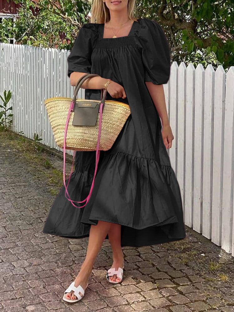 Robe Longue Décontractée À Col Carré Et Manches Bouffantes À Volants Pour Femmes