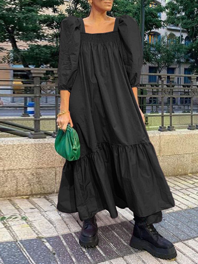 Robe Longue Décontractée À Col Carré Et Manches Bouffantes À Volants Pour Femmes