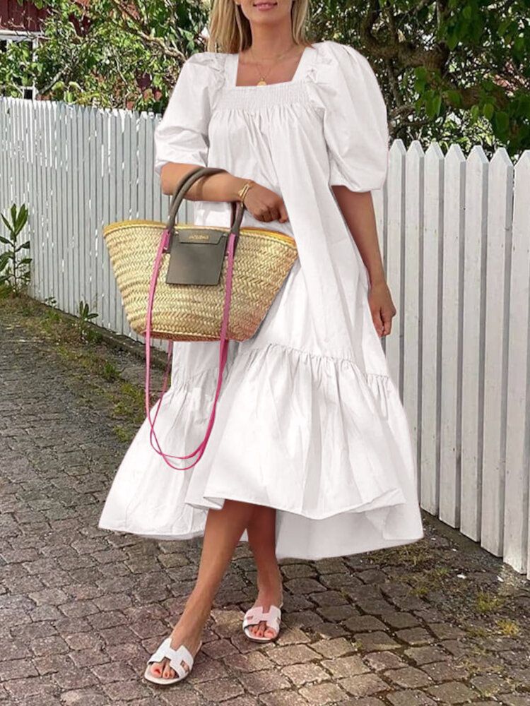 Robe Longue Décontractée À Col Carré Et Manches Bouffantes À Volants Pour Femmes