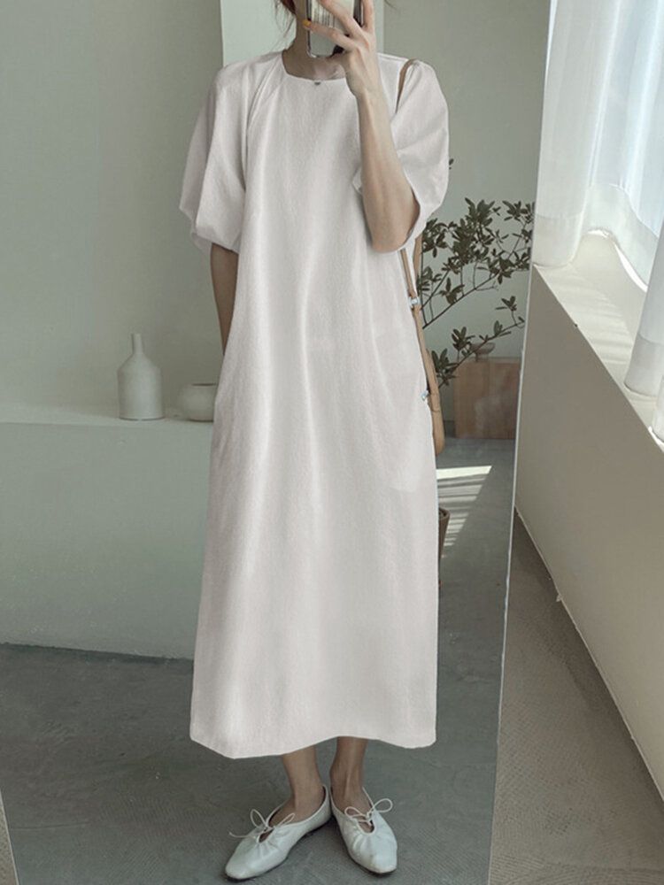 Robe Longue Décontractée À Manches Bouffantes Et Col Rond Avec Poche