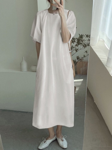 Robe Longue Décontractée À Manches Bouffantes Et Col Rond Avec Poche