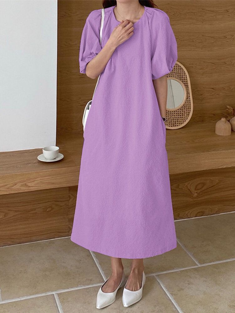 Robe Longue Décontractée À Manches Bouffantes Et Col Rond Avec Poche