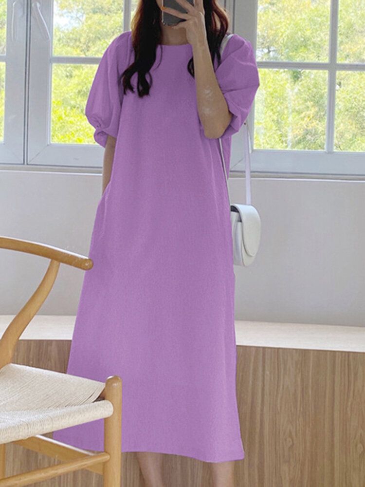 Robe Longue Décontractée À Manches Bouffantes Et Col Rond Avec Poche