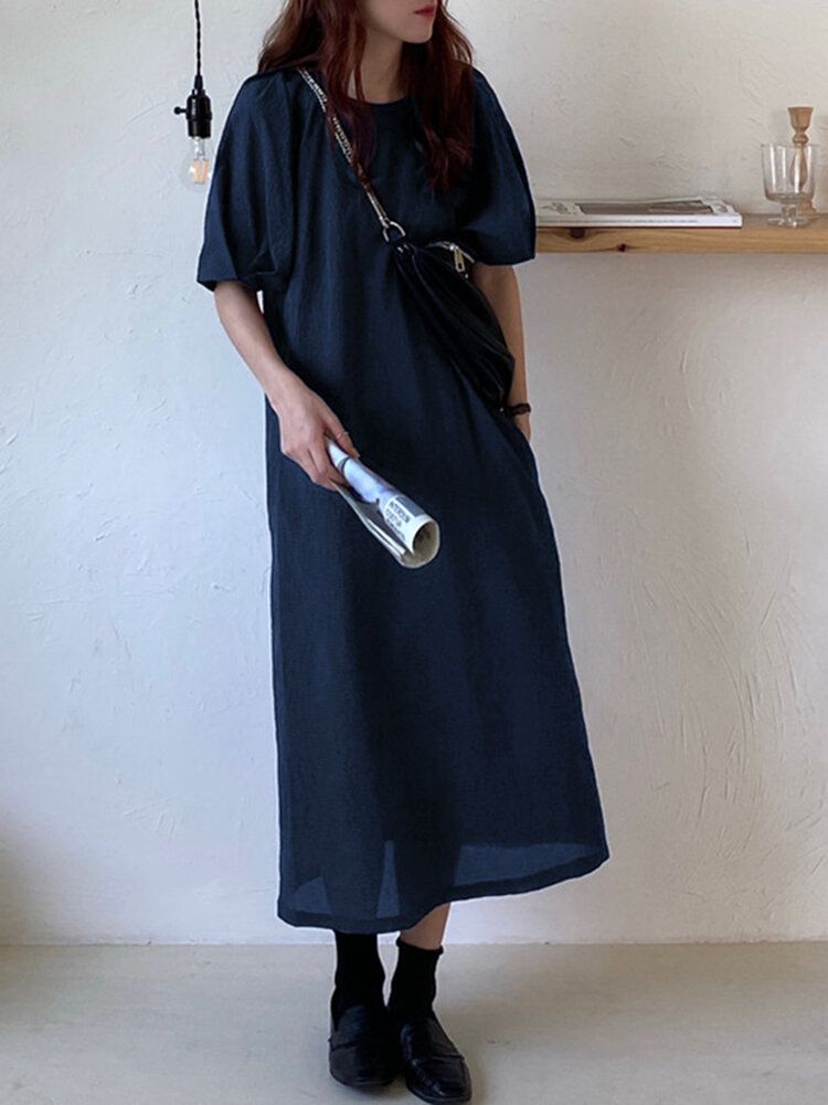 Robe Longue Décontractée À Manches Bouffantes Et Col Rond Avec Poche