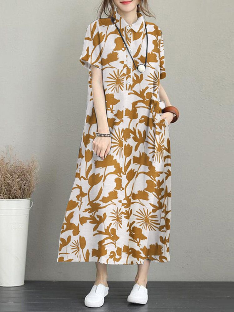 Robe Longue Décontractée À Manches Courtes Avec Poche À Imprimé Fleuri