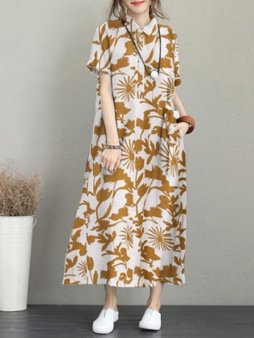 Robe Longue Décontractée À Manches Courtes Avec Poche À Imprimé Fleuri