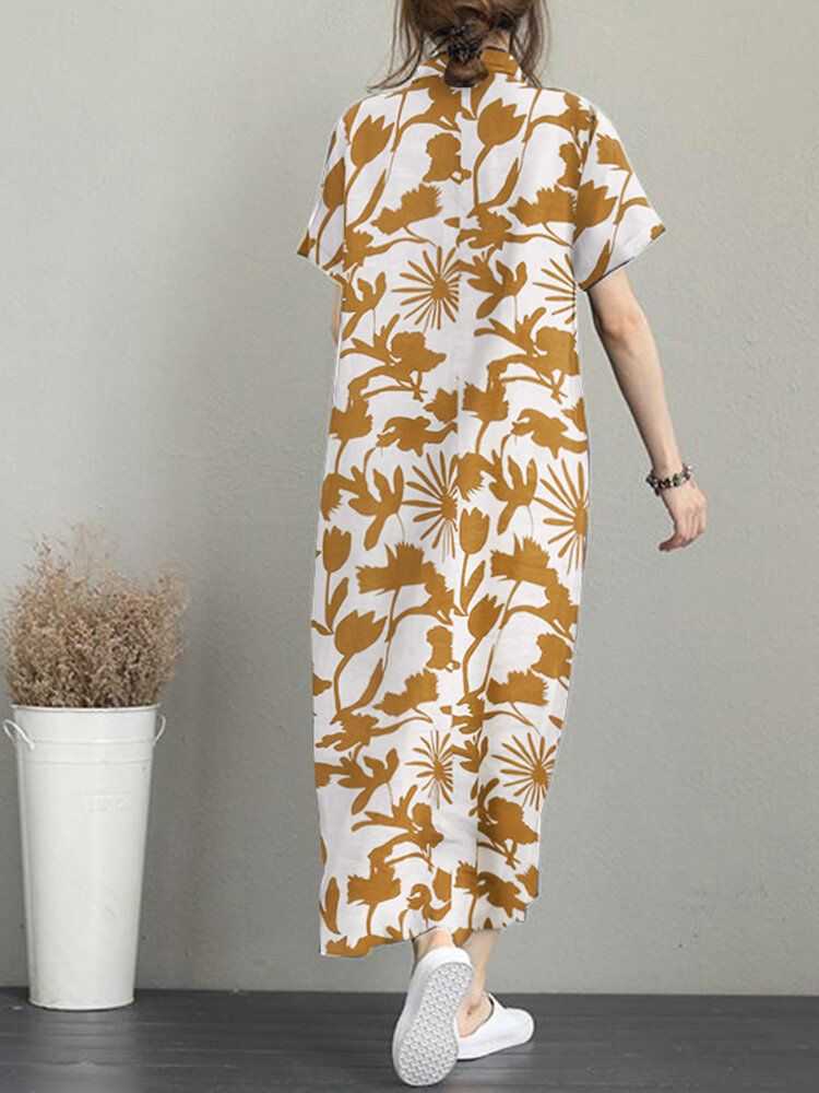 Robe Longue Décontractée À Manches Courtes Avec Poche À Imprimé Fleuri