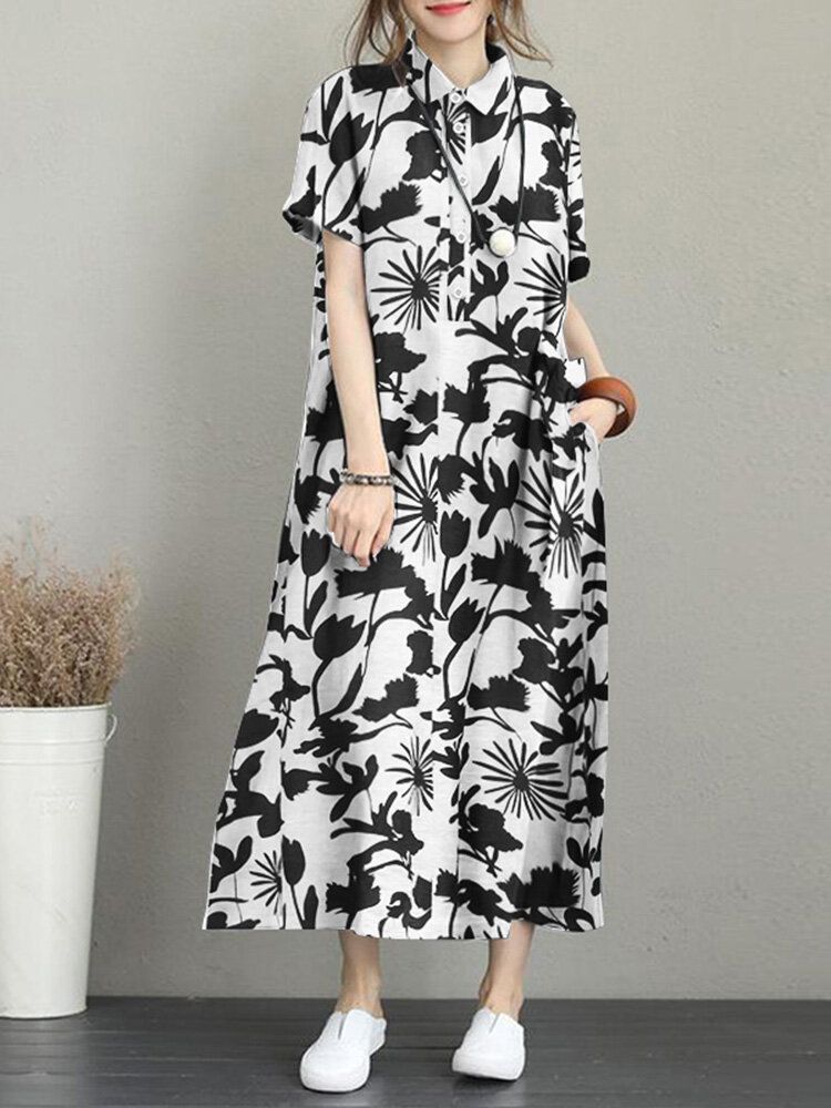 Robe Longue Décontractée À Manches Courtes Avec Poche À Imprimé Fleuri