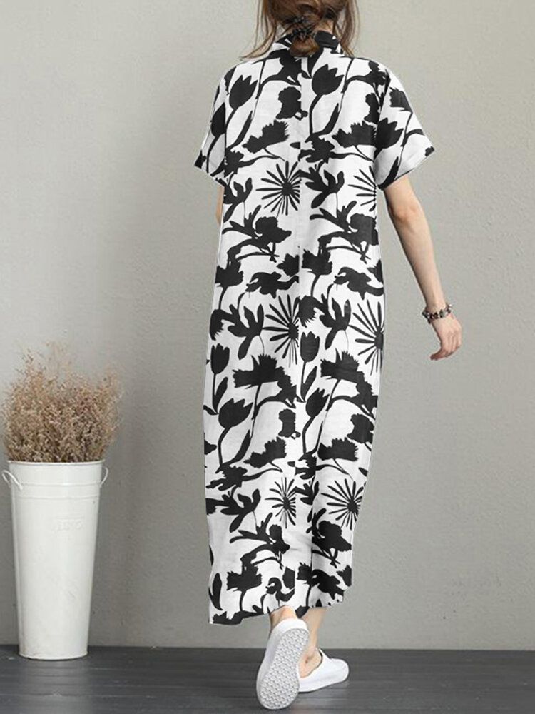 Robe Longue Décontractée À Manches Courtes Avec Poche À Imprimé Fleuri