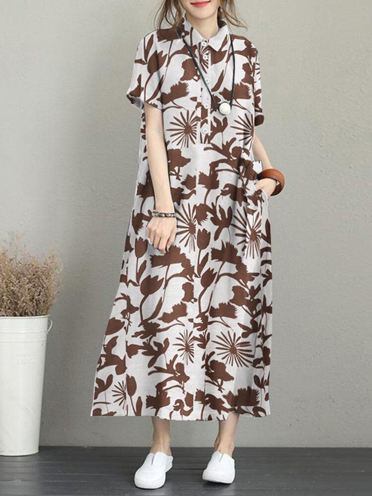 Robe Longue Décontractée À Manches Courtes Avec Poche À Imprimé Fleuri