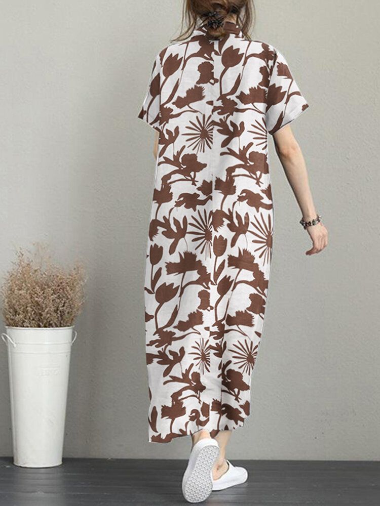 Robe Longue Décontractée À Manches Courtes Avec Poche À Imprimé Fleuri