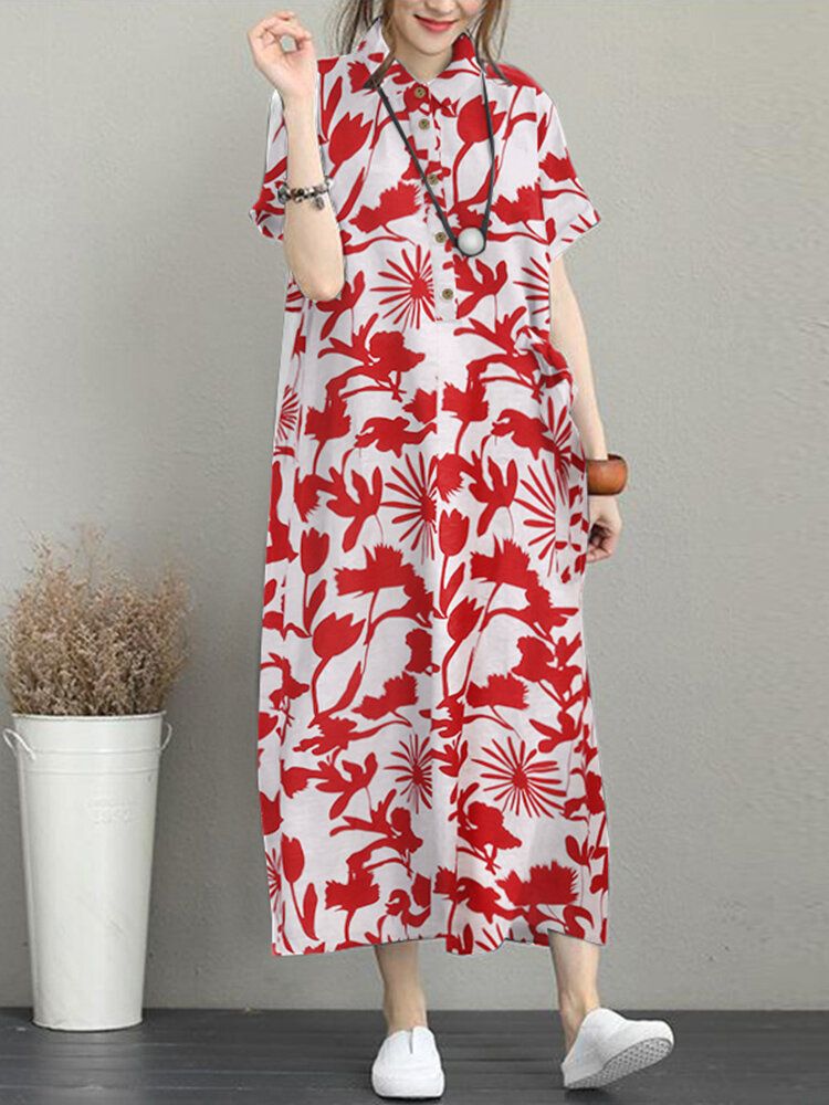 Robe Longue Décontractée À Manches Courtes Avec Poche À Imprimé Fleuri