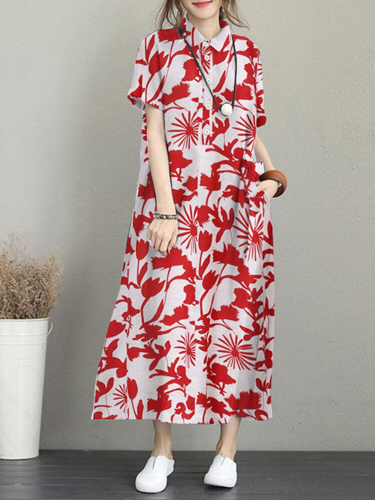 Robe Longue Décontractée À Manches Courtes Avec Poche À Imprimé Fleuri