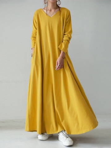 Robe Longue Décontractée À Manches Longues Et À Col En V Pour Femmes