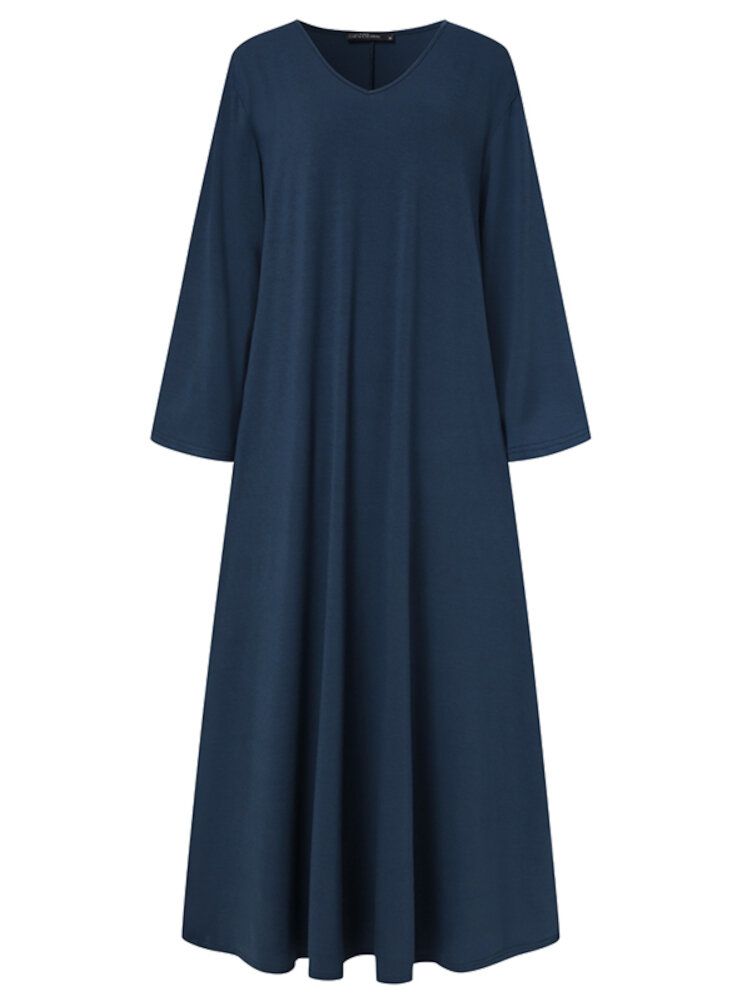 Robe Longue Décontractée À Manches Longues Et À Col En V Pour Femmes