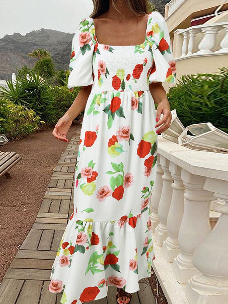 Robe Longue À Imprimé Floral Et Col Carré Pour Femmes