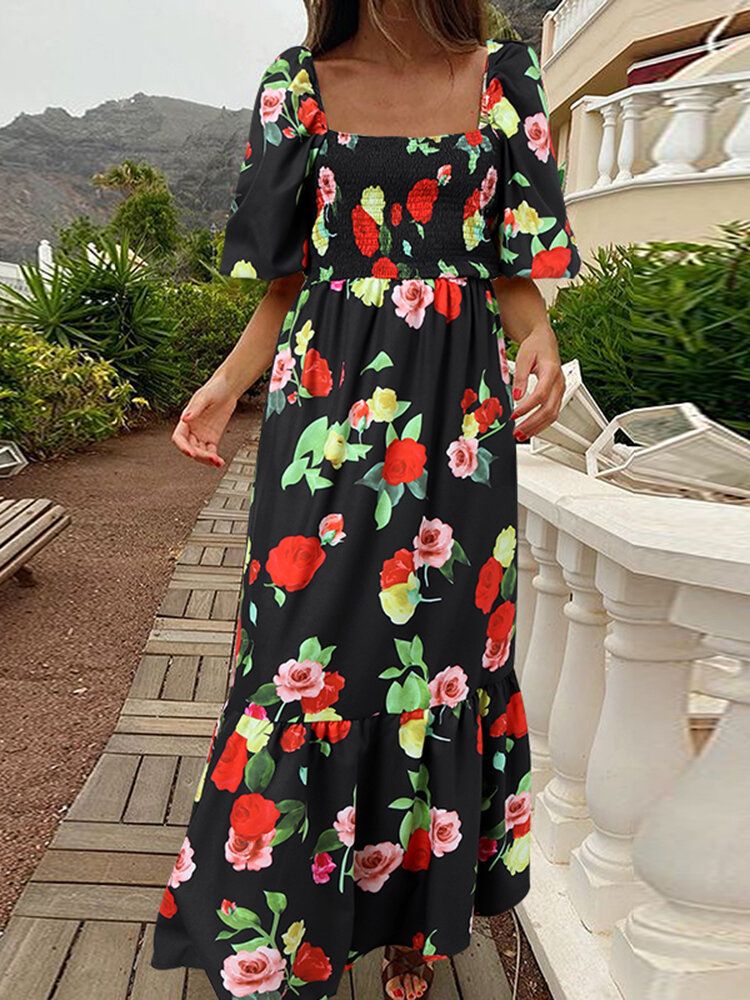 Robe Longue À Imprimé Floral Et Col Carré Pour Femmes