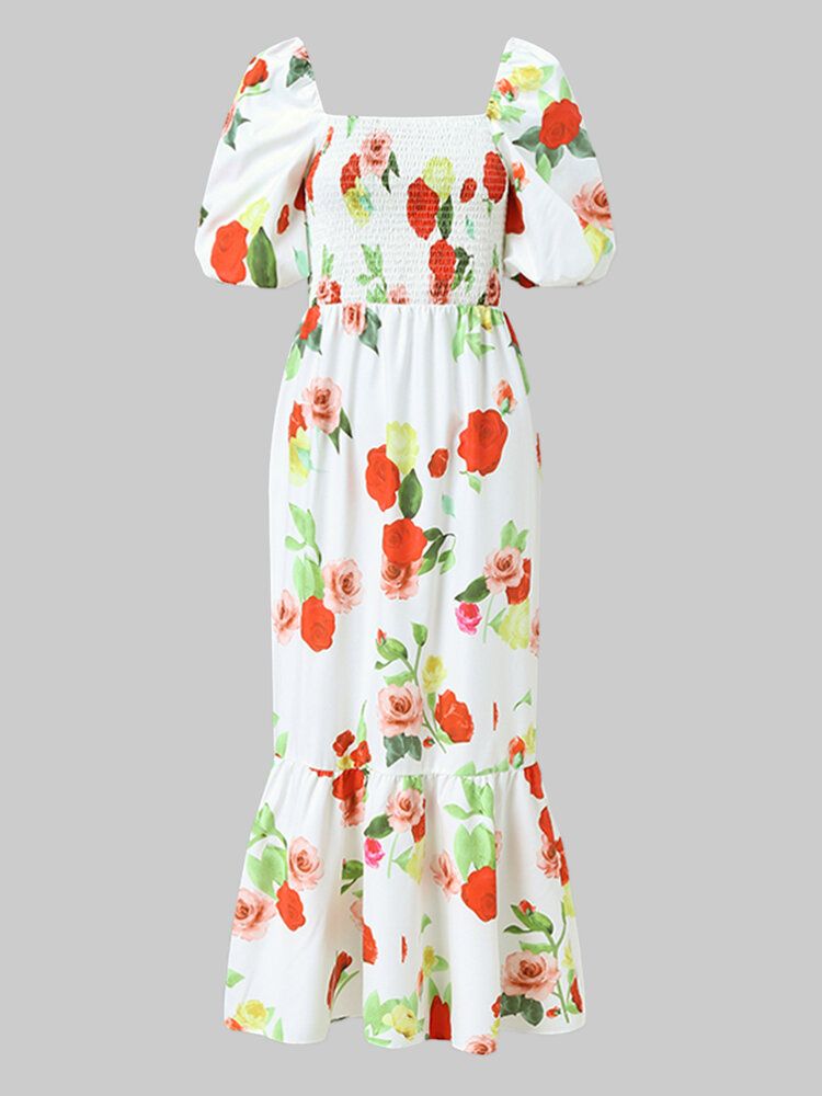 Robe Longue À Imprimé Floral Et Col Carré Pour Femmes