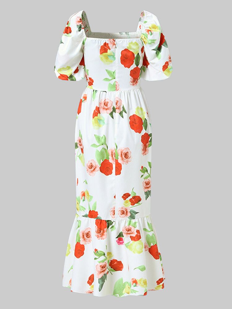 Robe Longue À Imprimé Floral Et Col Carré Pour Femmes