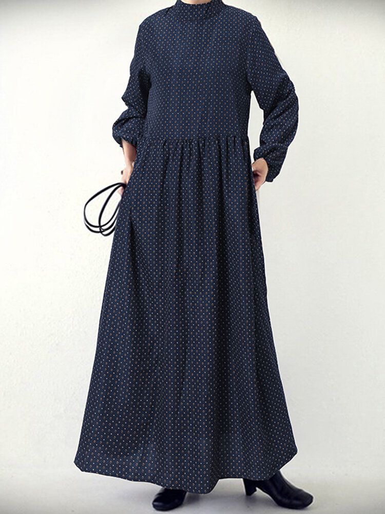 Robe Longue À Manches Bouffantes Et Imprimé Losanges Pour Femmes Avec Poche Latérale