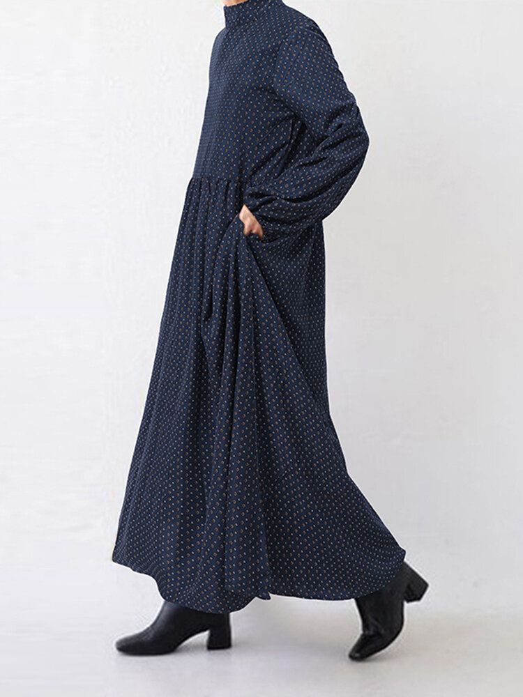 Robe Longue À Manches Bouffantes Et Imprimé Losanges Pour Femmes Avec Poche Latérale