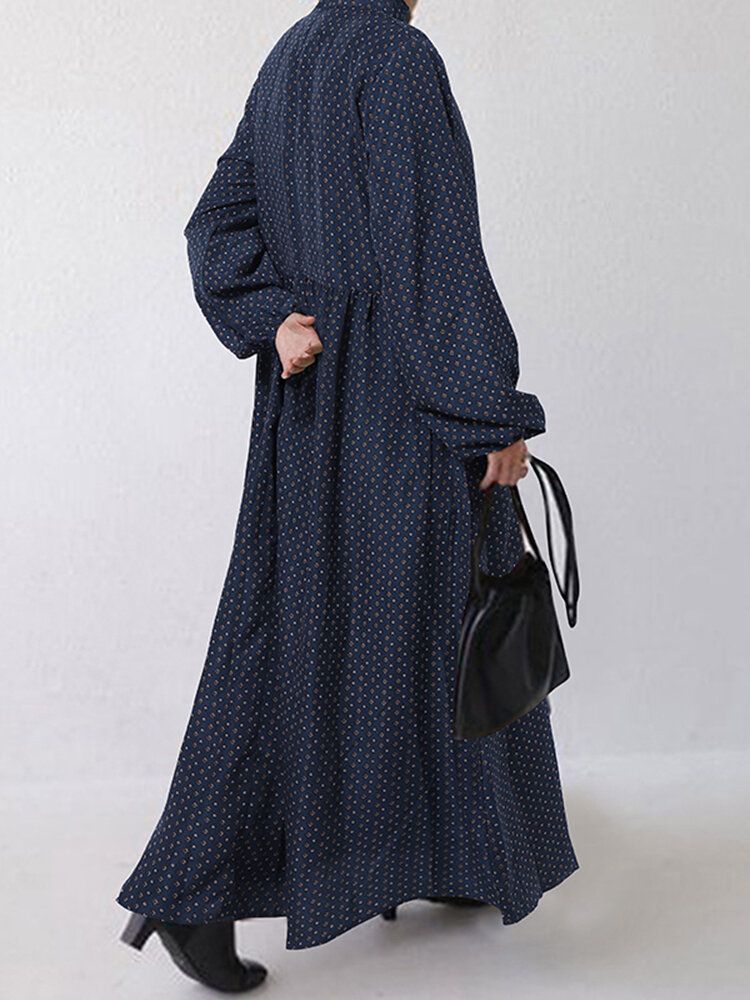 Robe Longue À Manches Bouffantes Et Imprimé Losanges Pour Femmes Avec Poche Latérale