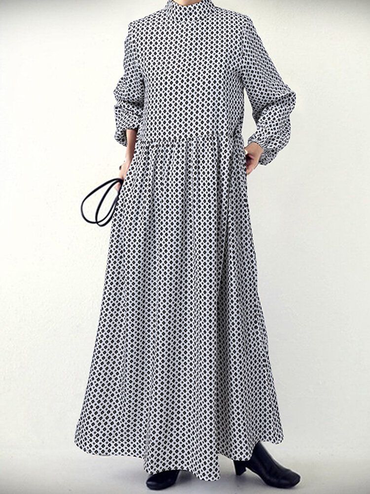 Robe Longue À Manches Bouffantes Et Imprimé Losanges Pour Femmes Avec Poche Latérale