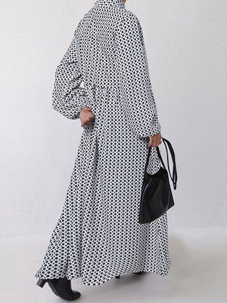 Robe Longue À Manches Bouffantes Et Imprimé Losanges Pour Femmes Avec Poche Latérale