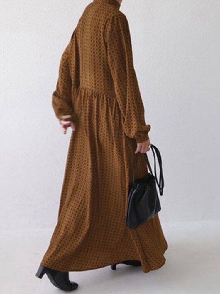 Robe Longue À Manches Bouffantes Et Imprimé Losanges Pour Femmes Avec Poche Latérale