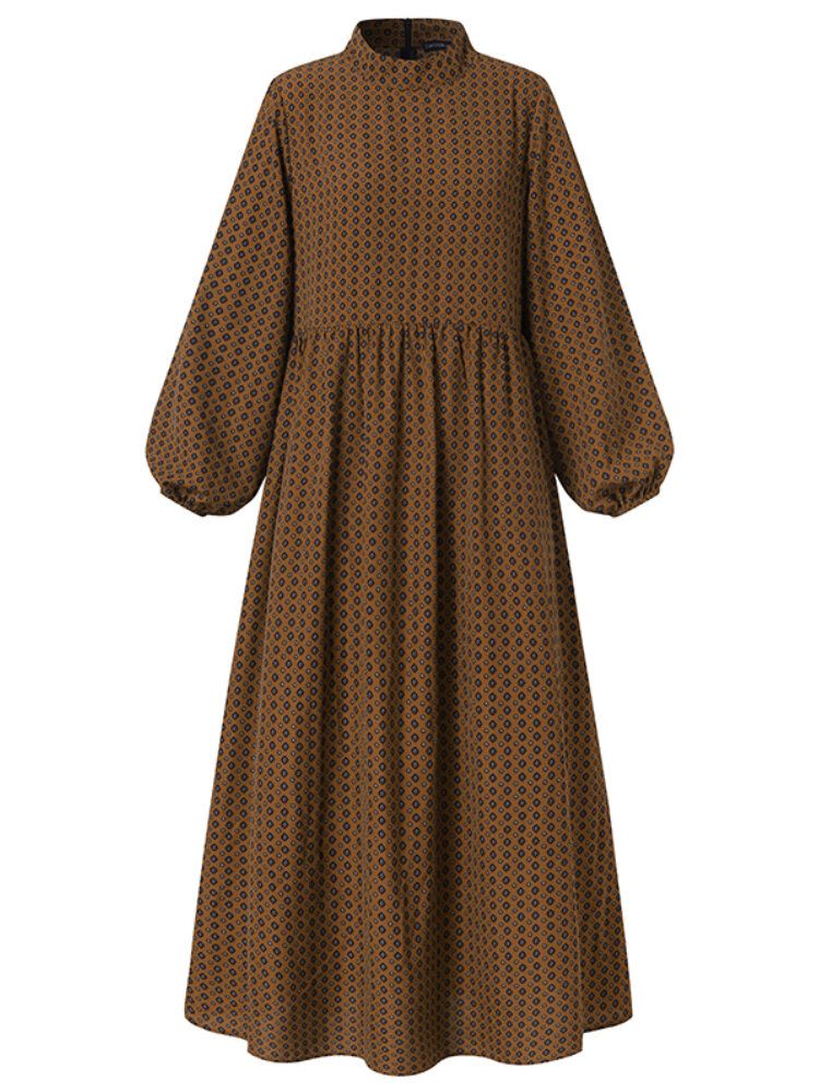 Robe Longue À Manches Bouffantes Et Imprimé Losanges Pour Femmes Avec Poche Latérale