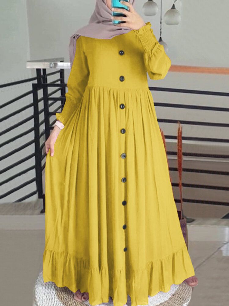 Robe Longue À Manches Bouffantes Et À Volants De Couleur Unie Pour Femmes