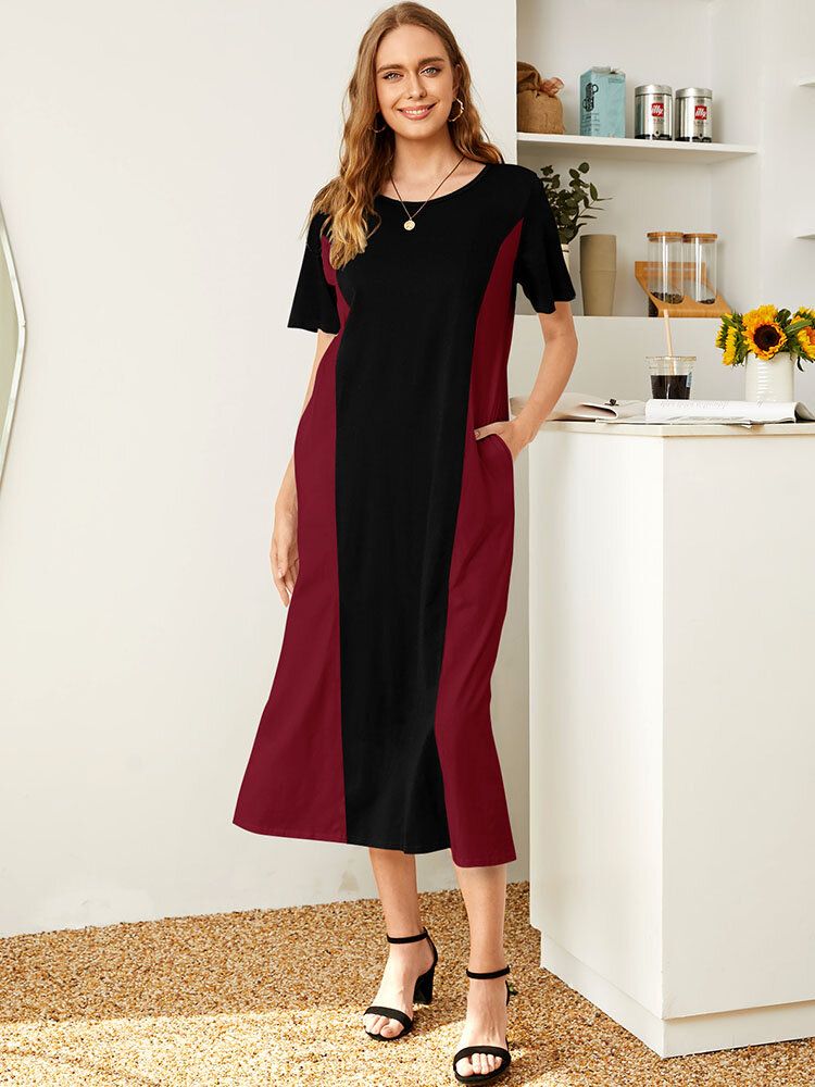 Robe Longue À Manches Courtes Et Col Rond Avec Poche